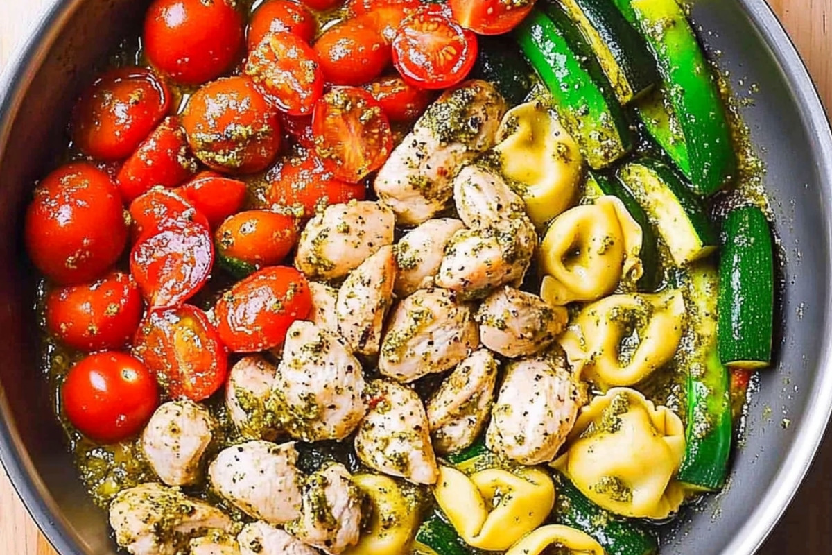 Delicious One-Pan Pesto Chicken Tortellini and Veggies
