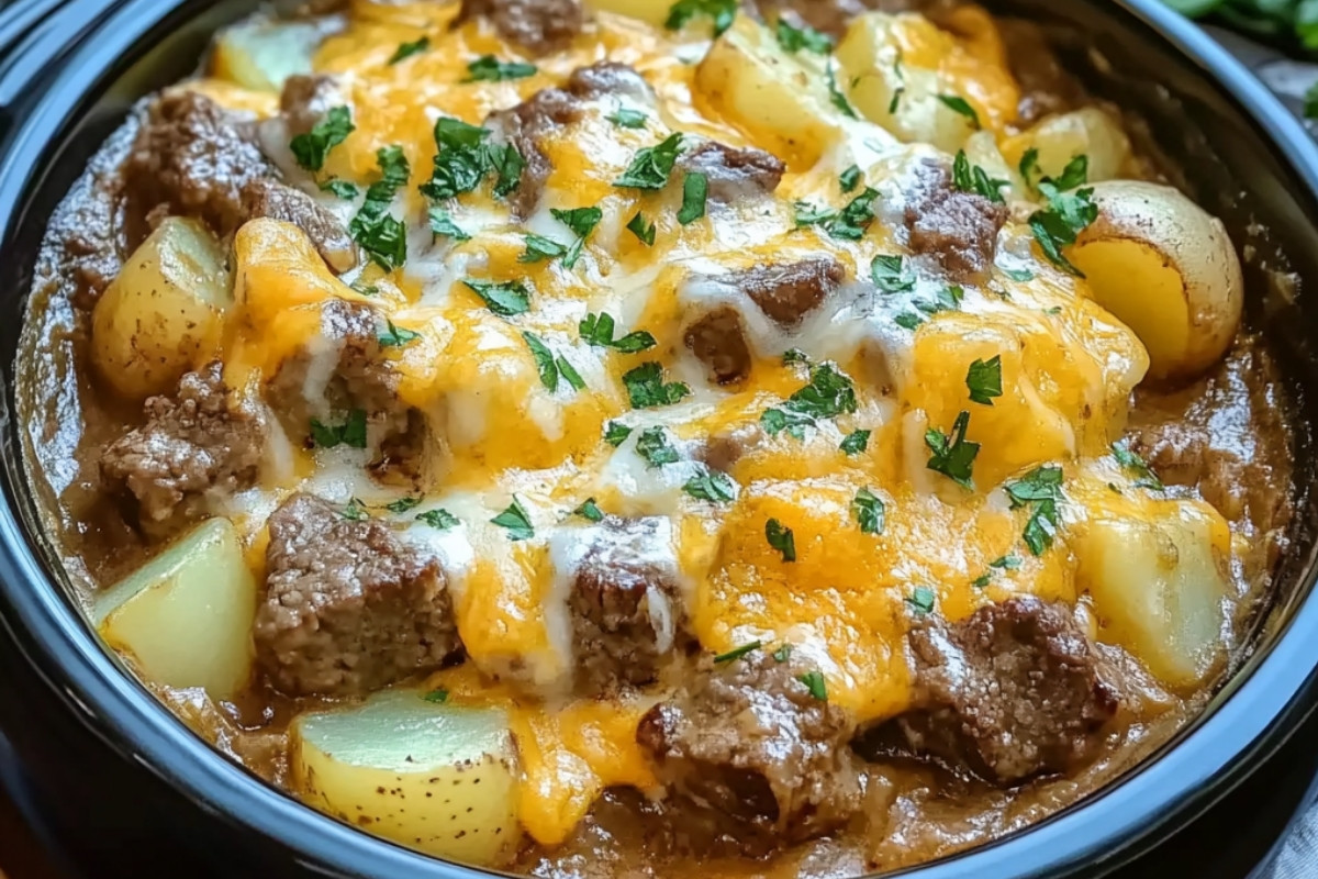 Delicious Slow Cooker Steak and Cheddar Potato Casserole