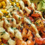 Grilled Shrimp Bowl with Avocado Corn Salsa & Creamy Garlic Sauce 8 Grilled Shrimp Bowl with Avocado Corn Salsa & Creamy Garlic Sauce