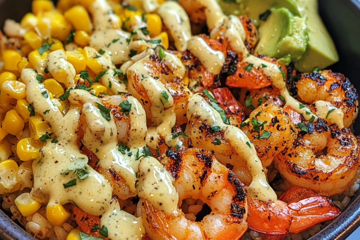 Grilled Shrimp Bowl with Avocado Corn Salsa & Creamy Garlic Sauce