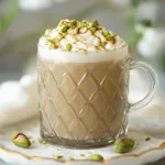 Pistachio Coffee (Pistachio Latte) 5 Creamy Pistachio Latte with Steamed Milk and Espresso Shot in a White Ceramic Mug