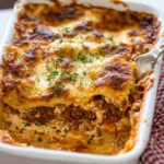 lasagne recipe 5 Homemade lasagne layered with pasta, rich tomato sauce, seasoned beef, and creamy cheese.