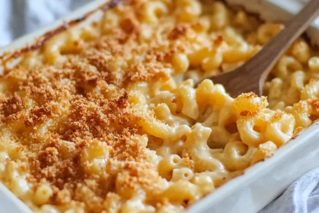 creamy homemade mac and cheese with golden breadcrumbs