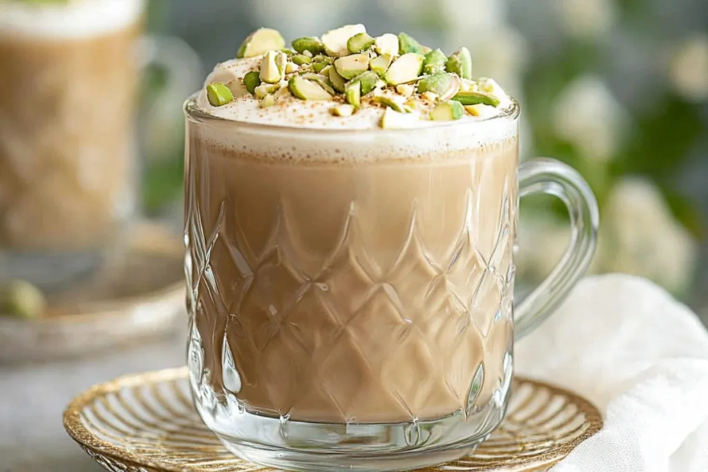 Creamy Pistachio Latte with Steamed Milk and Espresso Shot in a White Ceramic Mug