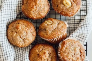 Freshly baked sourdough discard banana muffins on a cooling rack, golden brown and topped with walnuts.