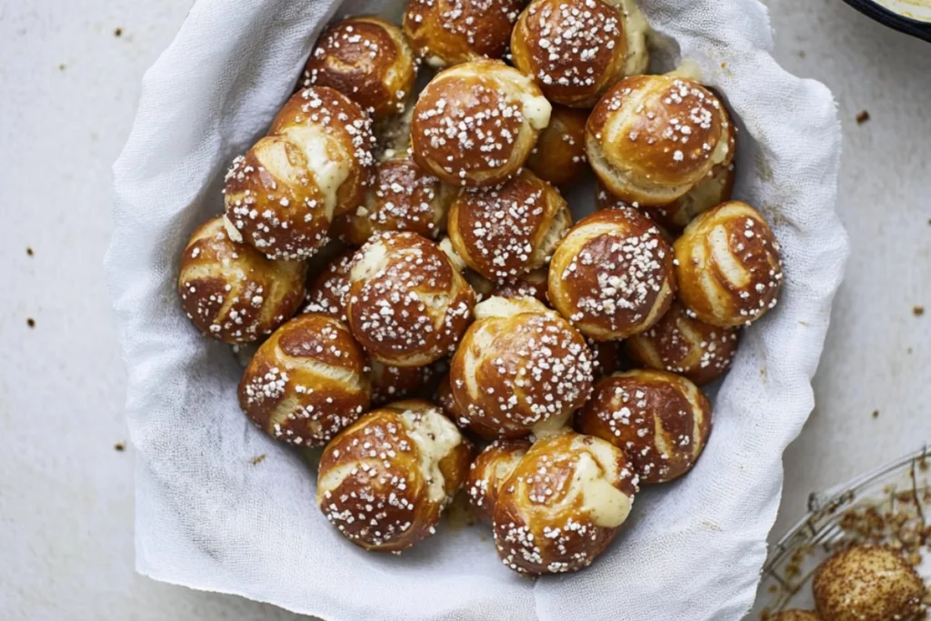 Sourdough discard pretzel bites on a wooden board with a small bowl of dipping sauce, golden brown and sprinkled with coarse salt