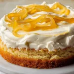 Limoncello Mascarpone Cake 6 A delicious slice of limoncello mascarpone cake topped with lemon zest and creamy layers, set against a rustic wooden table.