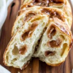 Sourdough Cinnamon Roll Focaccia 5 Golden-brown sourdough cinnamon roll focaccia with swirled sugar icing drizzled on top, served on a rustic wooden board.