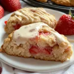 Sourdough Strawberry Scones Recipe 8 Golden-brown sourdough strawberry scones topped with fresh strawberries and glaze, displayed on a rustic wooden board.