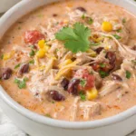 Cream Cheese Chicken Chili 10 Rich and creamy chicken chili topped with shredded cheese and fresh herbs in a white bowl on a rustic wooden table.
