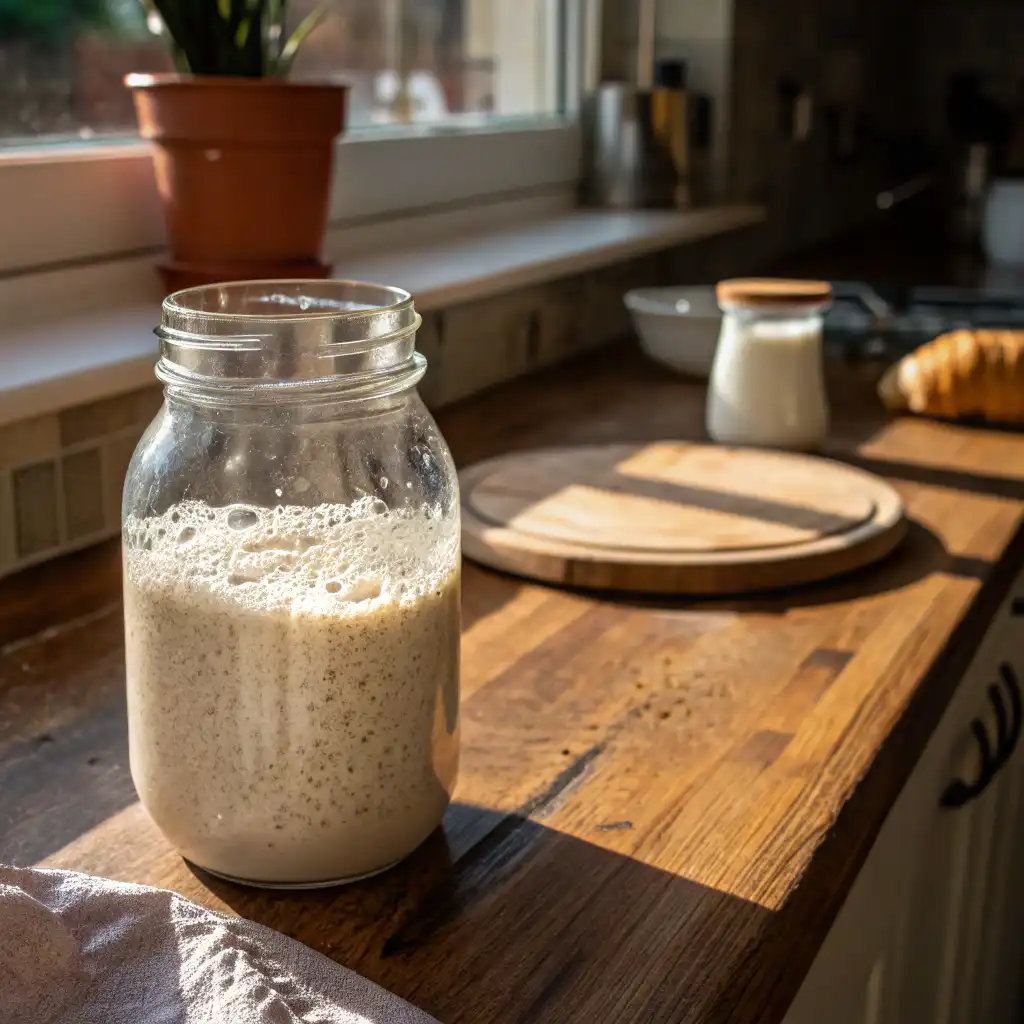 Glass jar with bubbling sourdough starter