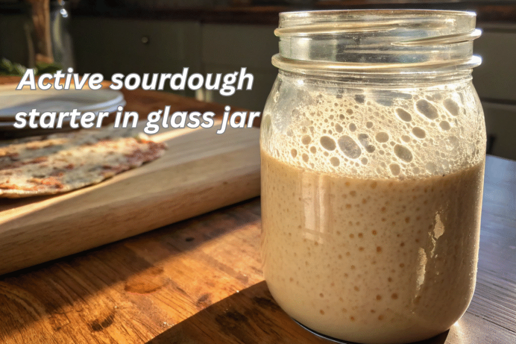 Glass jar of bubbly sourdough starter on a kitchen counter