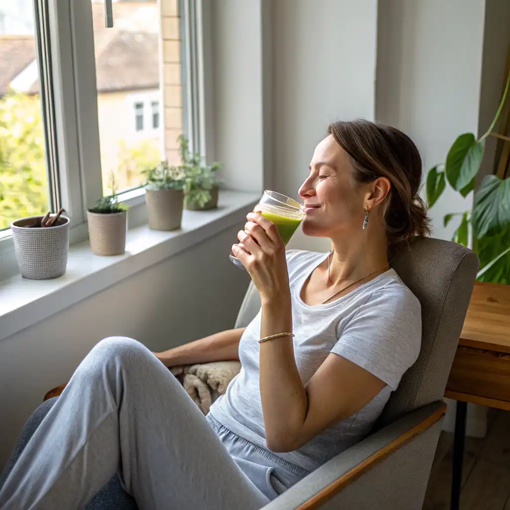 Woman enjoying blue salt drink in the morning