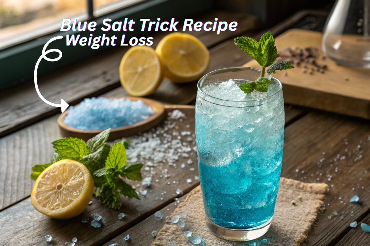 Blue salt drink with ingredients on table