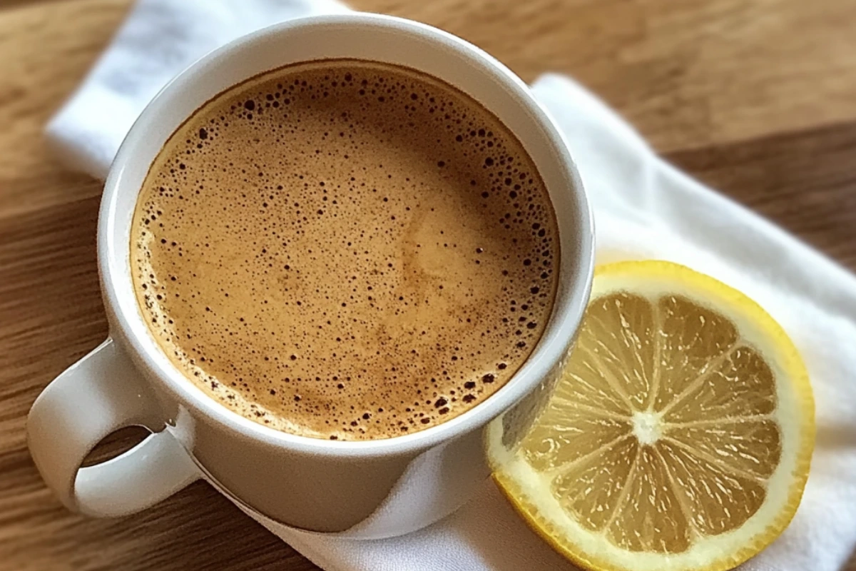 Cup of black coffee mixed with healthy ingredients promoting weight loss, surrounded by cinnamon sticks and natural sweeteners.