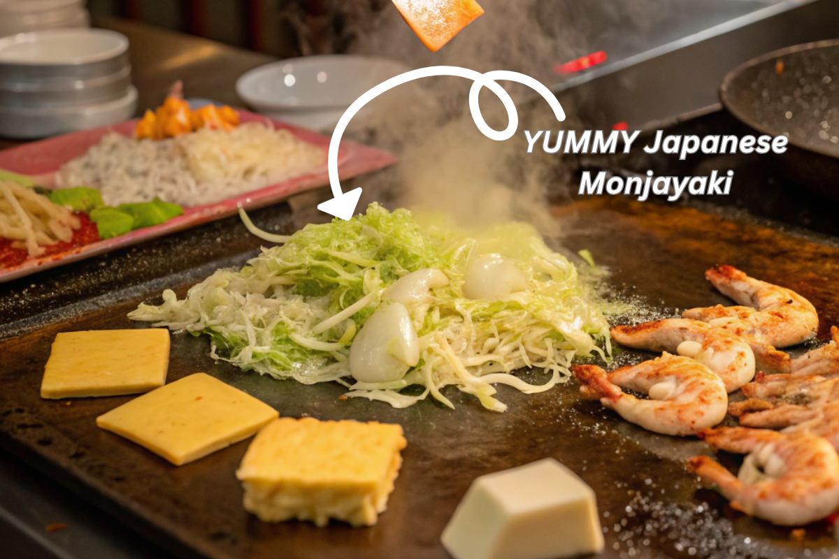 A sizzling pan of Japanese Monjayaki Recipe with toppings bubbling on a griddle