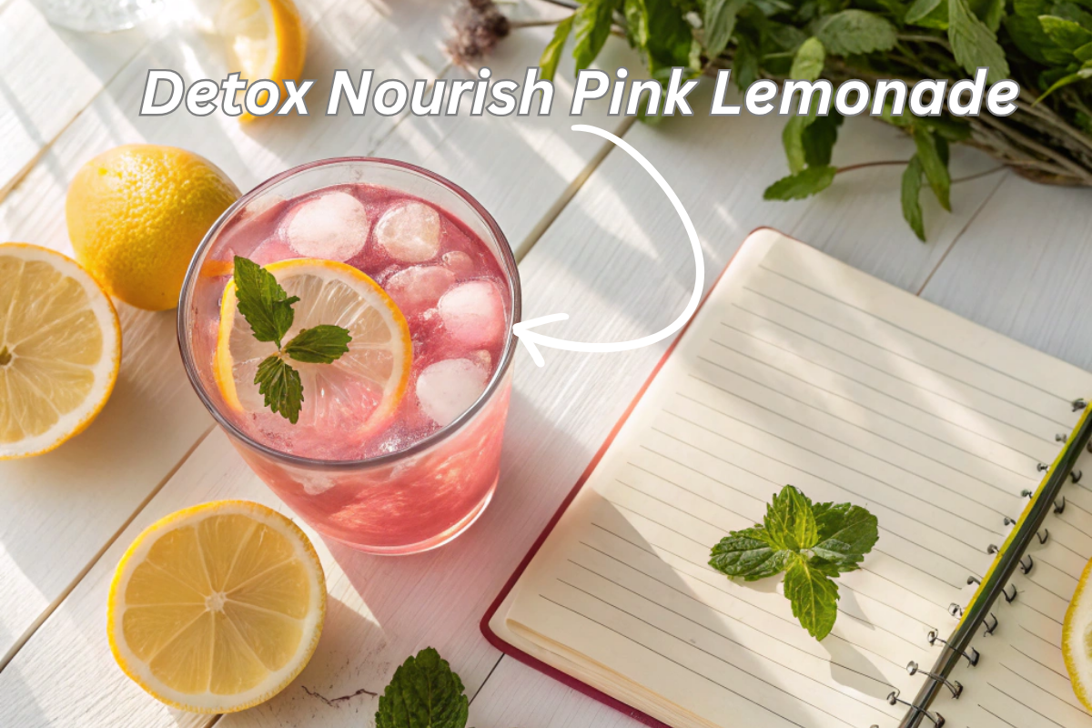 A glass of detox nourish pink lemonade with fresh ingredients