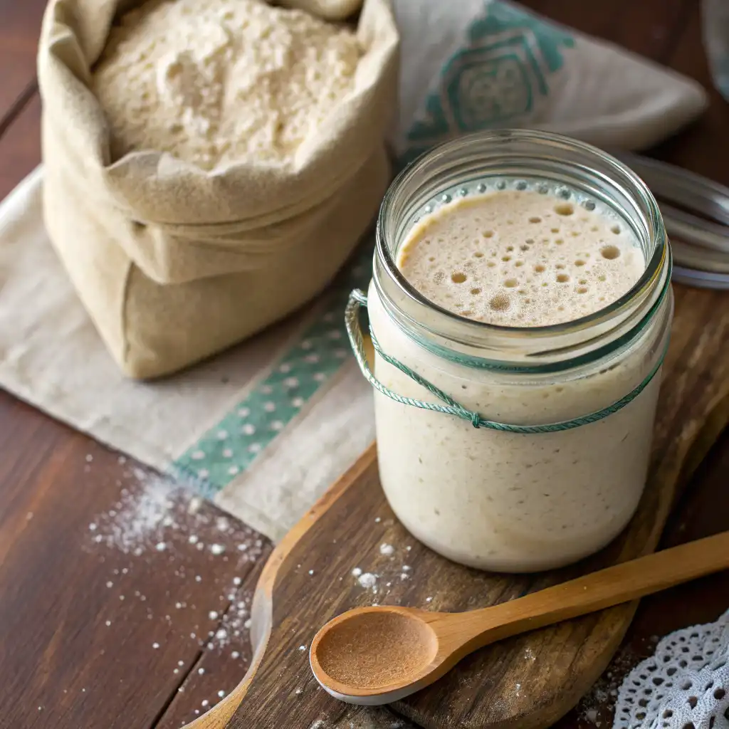 Sourdough starter that has doubled in size, with a marker showing its rise.
