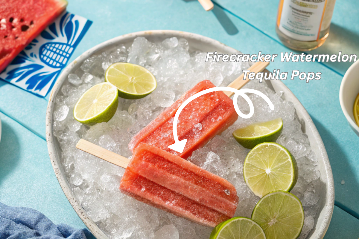 Firecracker Watermelon Tequila Pops displayed on ice with lime slices