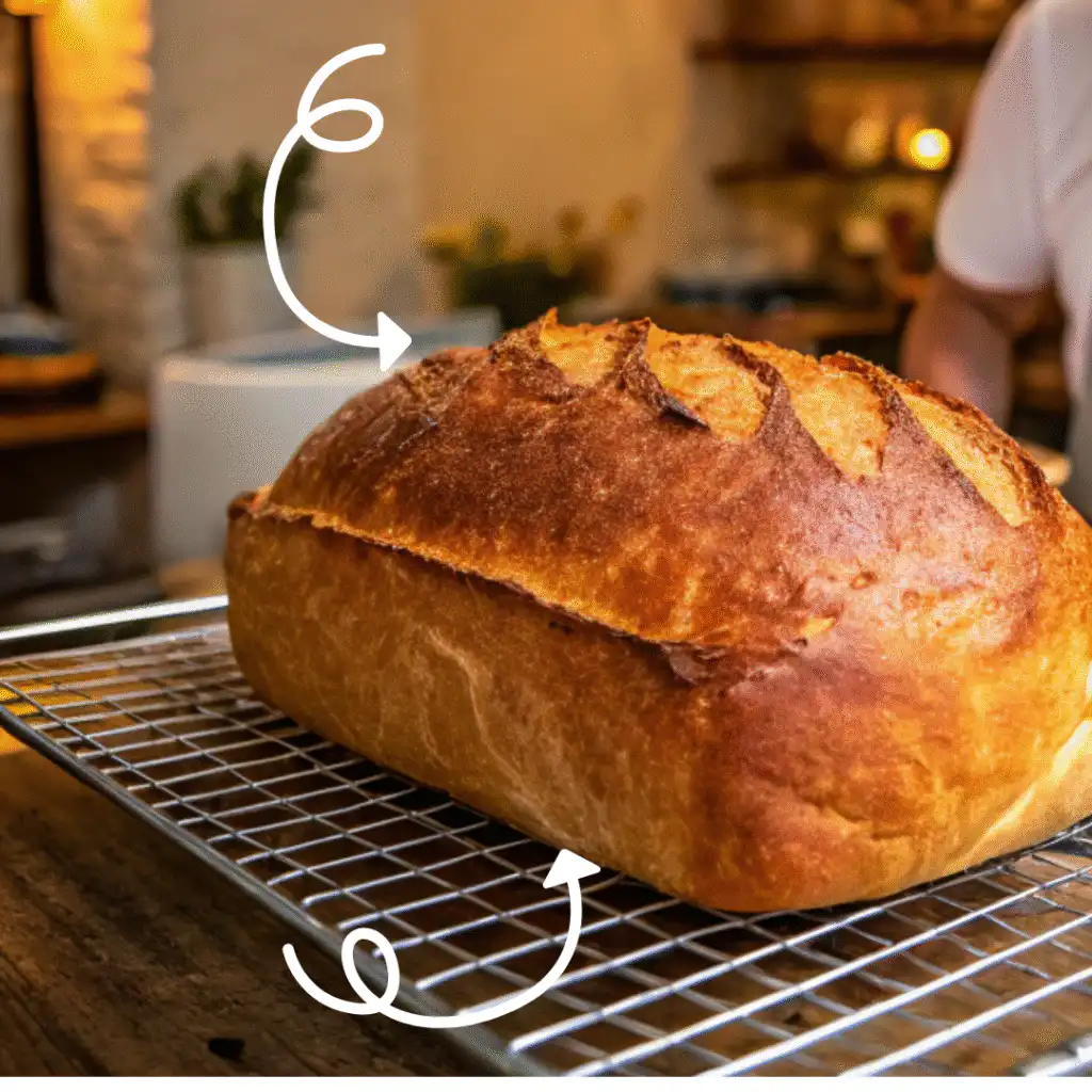 Freshly baked sourdough loaf with smiling baker