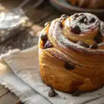 Chocolate Chip Sourdough Cruffins on a wooden table.