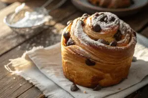 Chocolate Chip Sourdough Cruffins on a wooden table.