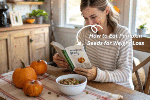 Woman eating pumpkin seeds in a cozy kitchen