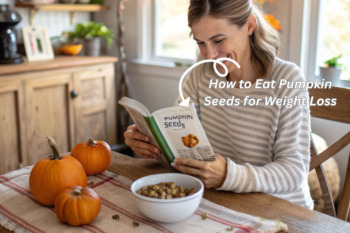 Woman eating pumpkin seeds in a cozy kitchen