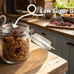 Jar of homemade low sugar granola on a wooden counter in a sunlit kitchen