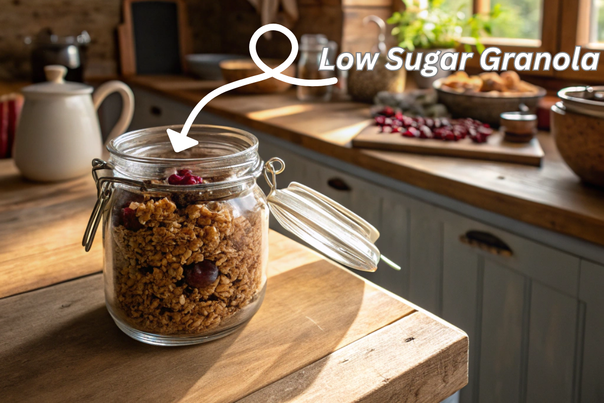 Jar of homemade low sugar granola on a wooden counter in a sunlit kitchen