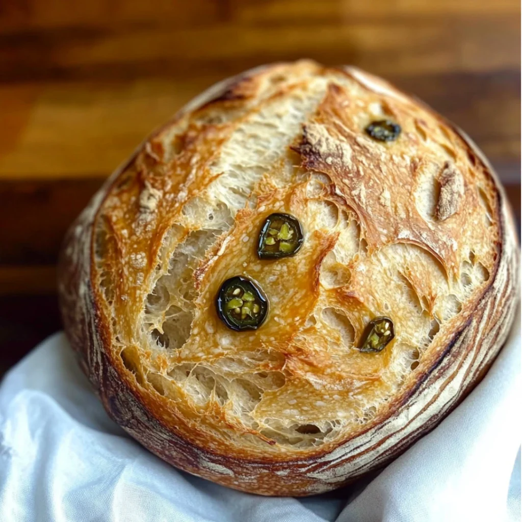 Jalapeño Cheddar Sourdough 6 Freshly baked jalapeño cheddar sourdough bread with crispy crust and melted cheese, perfect for sandwiches or snacking.