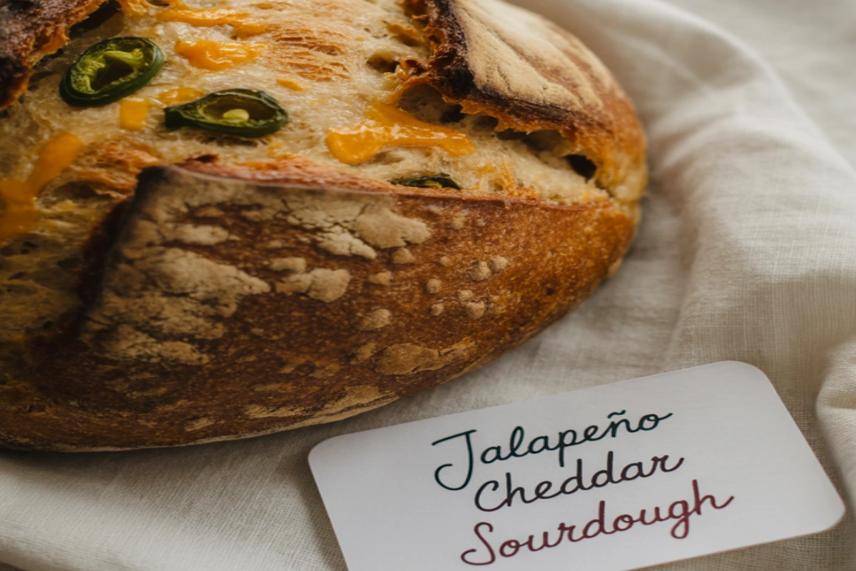 Freshly baked jalapeño cheddar sourdough bread with crispy crust and melted cheese, perfect for sandwiches or snacking.