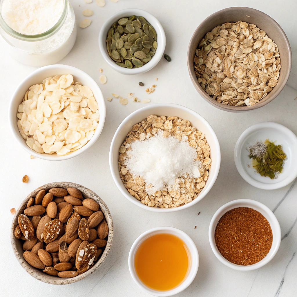 Low Sugar Granola Recipe That'll Actually Make You Look Forward to Breakfast 5 Granola ingredients laid out on a kitchen counter