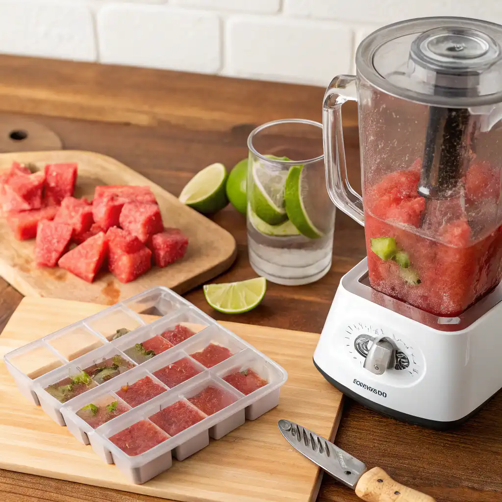Firecracker Watermelon Tequila Pops: The Boozy Treat You Didn’t Know You Needed 3 Watermelon and tequila mixture being poured into popsicle molds
