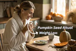 Woman eating pumpkin seeds as part of a morning weight loss ritual