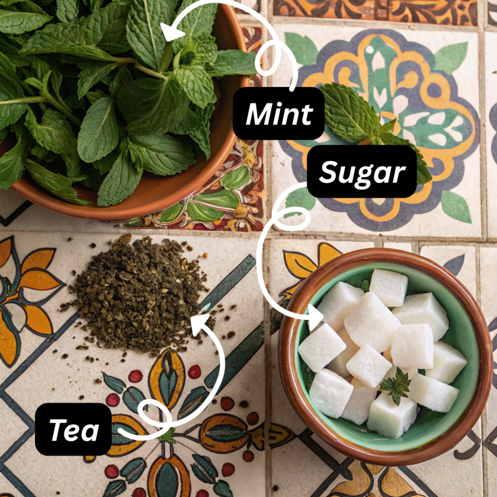 Moroccan Mint Tea Recipe: The Sweetest Sip of North Africa 1 Ingredients for Moroccan mint tea on traditional Moroccan tile