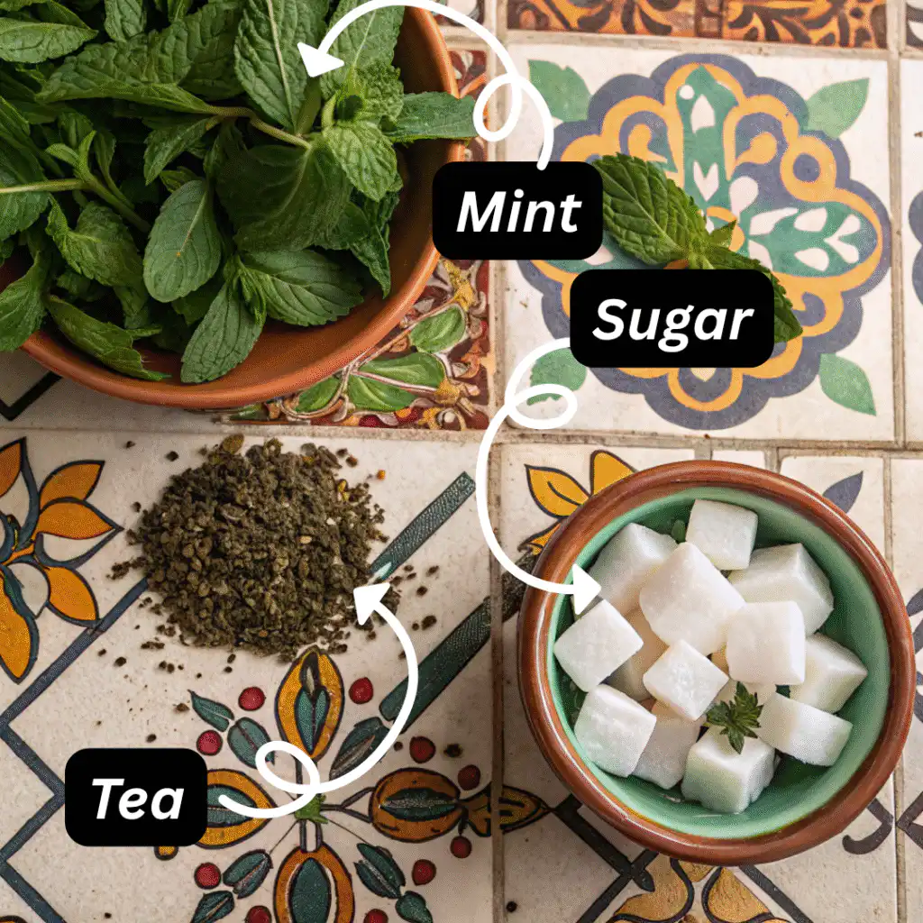 Ingredients for Moroccan mint tea on traditional Moroccan tile