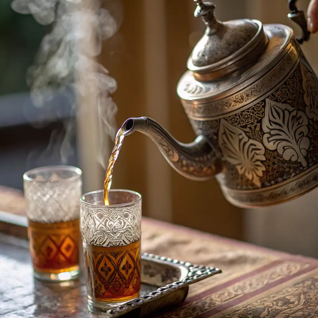 Moroccan mint tea being poured into glass with steam