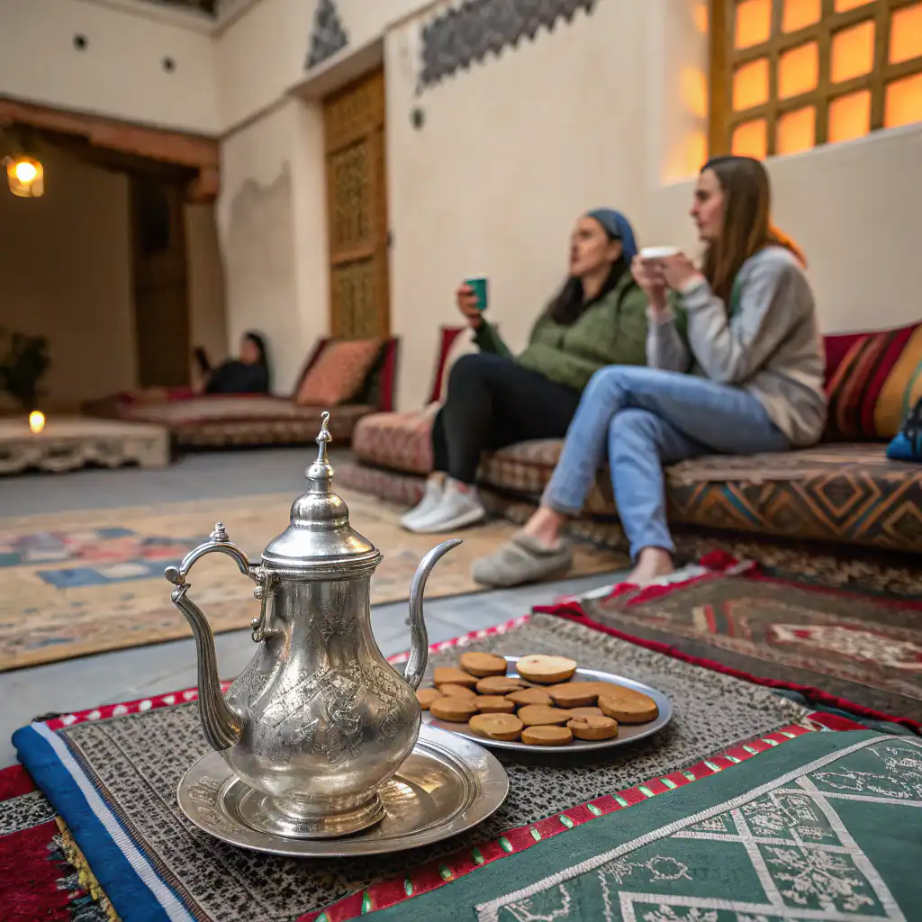 Friends enjoying Moroccan mint tea together indoors