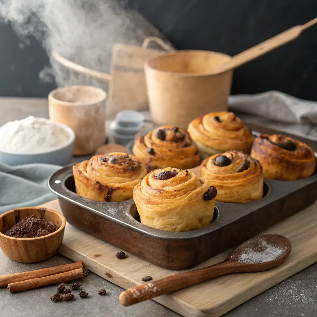 Freshly baked sourdough cruffins cooling on tray