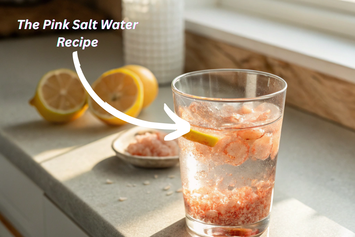Glass of pink salt water with lemon on kitchen counter