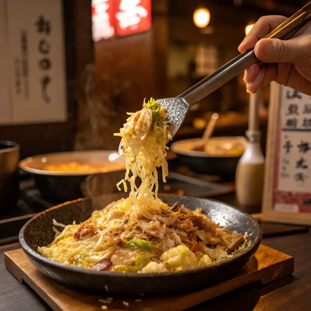 Japanese Monjayaki being scooped with a spatula in a cozy restaurant