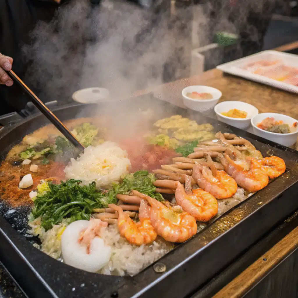 Seafood-filled Monjayaki with shrimp and squid on a griddle