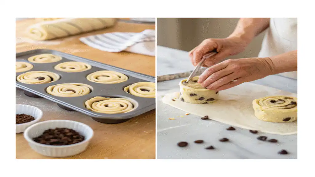 Shaping sourdough cruffin dough with chocolate chips.