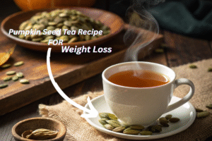 A warm cup of pumpkin seed tea with pumpkin seeds beside it