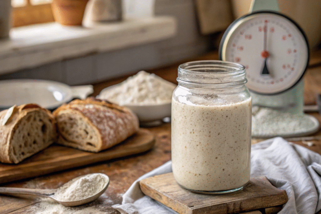 A stiff sourdough starter in a jar next to artisan bread
