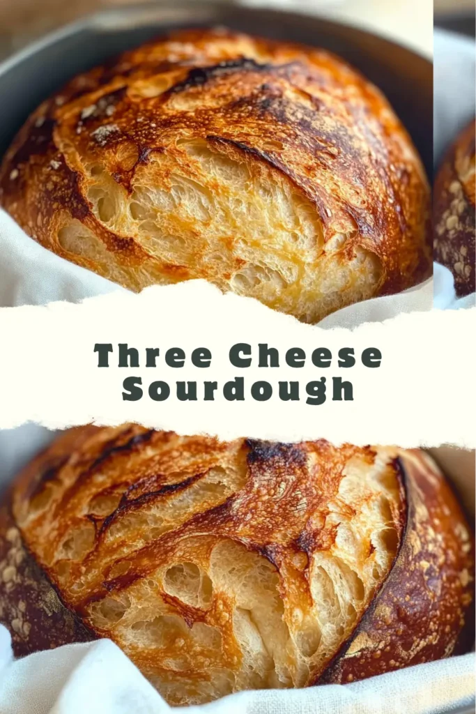 Three Cheese Sourdough 9 Artisan sourdough bread loaded with melted cheddar, mozzarella, and parmesan, with a golden crust and airy interior.