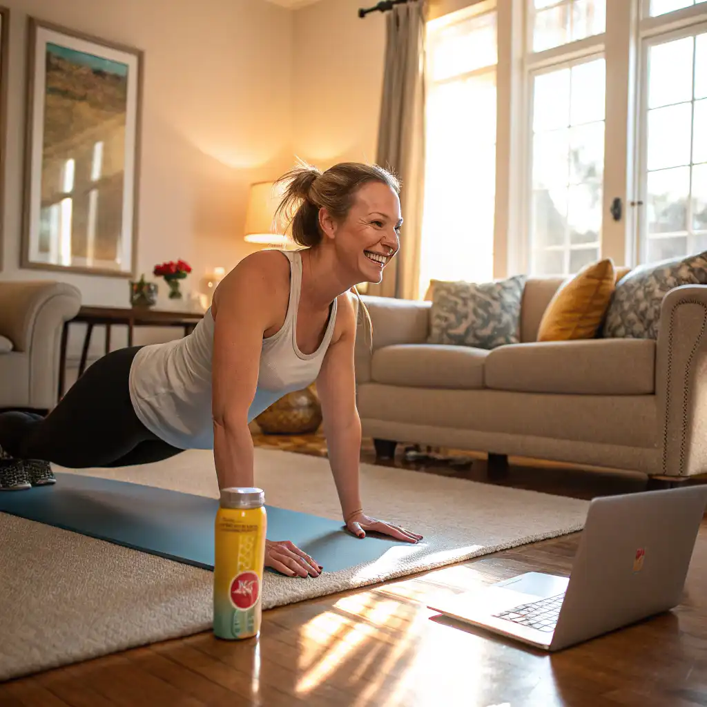 Woman working out with Zepbound drink nearby