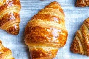 Golden, flaky sourdough croissants with a crispy crust and soft, airy interior, perfect for breakfast or a delicious snack.