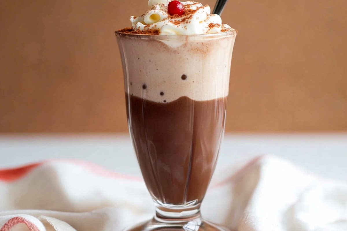Rich and creamy chocolate Italian cream soda topped with whipped cream and chocolate shavings in a tall glass.
